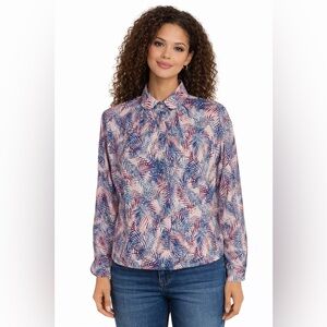 Vintage 70s Pastel Tropical Leaf Button Up Blouse Pink Blue Collared Shirt